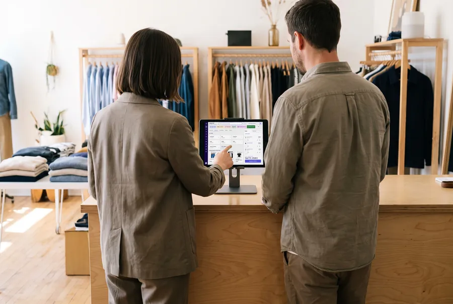 Au comptoir d'une boutique de prêt-à-porter, une conseillère, de dos, explique la caisse Tillin au commerçant sur la tablette.