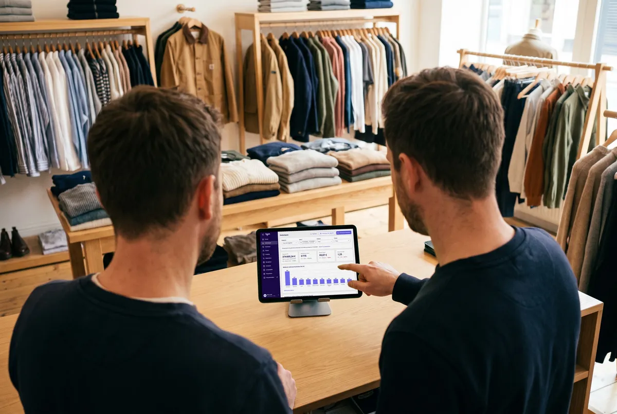 Au comptoir d'une boutique de prêt-à-porter, un conseiller, de dos, montre au commerçant le tableau de bord de Tillin sur la tablette.