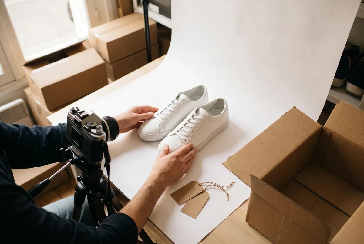 Des mains disposent une paire de baskets blanches sur un fond de papier blanc, appareil photo sur trépied.