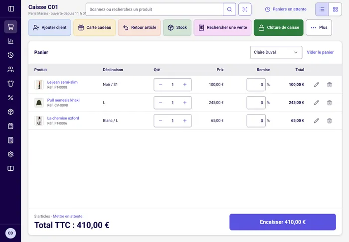Écran de caisse Tillin, au scan : recherche de produit et panier de trois articles.