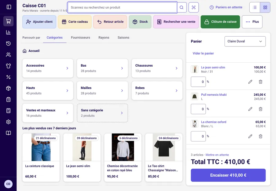 Écran de la caisse tactile Tillin : catégories de produits, meilleures ventes et panier de 410 €.