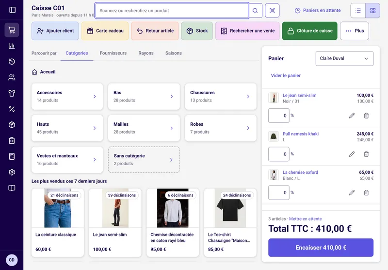Écran de la caisse tactile Tillin : catégories de produits, meilleures ventes et panier de 410 €.