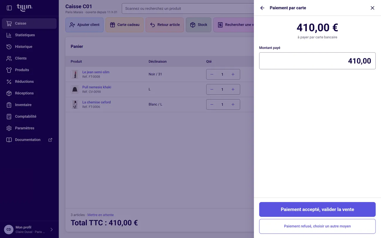 Paiement par carte de 410 € dans la caisse Tillin, avant la validation de la vente.