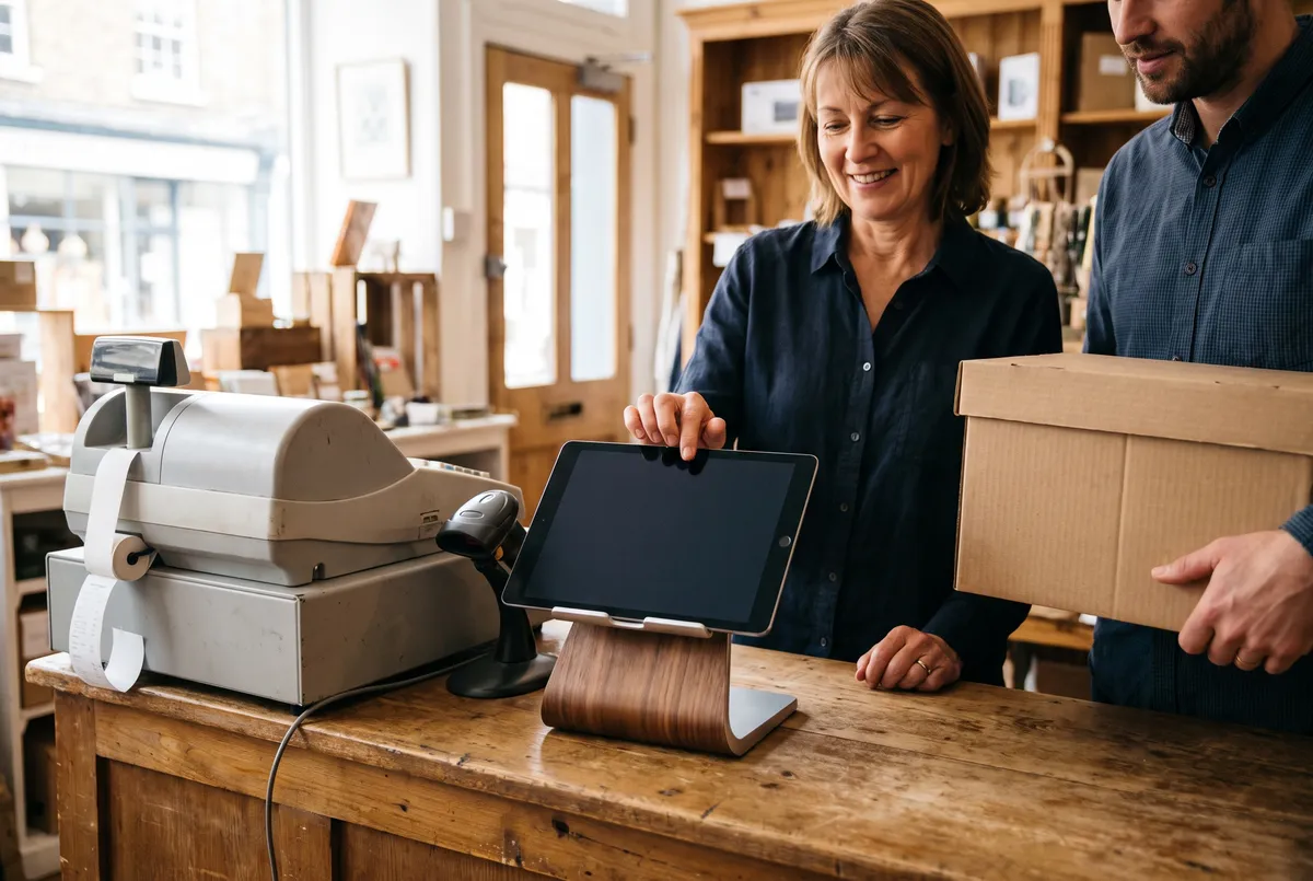 Sur le comptoir d'une boutique, une ancienne caisse enregistreuse poussée de côté et une tablette neuve sur son support.