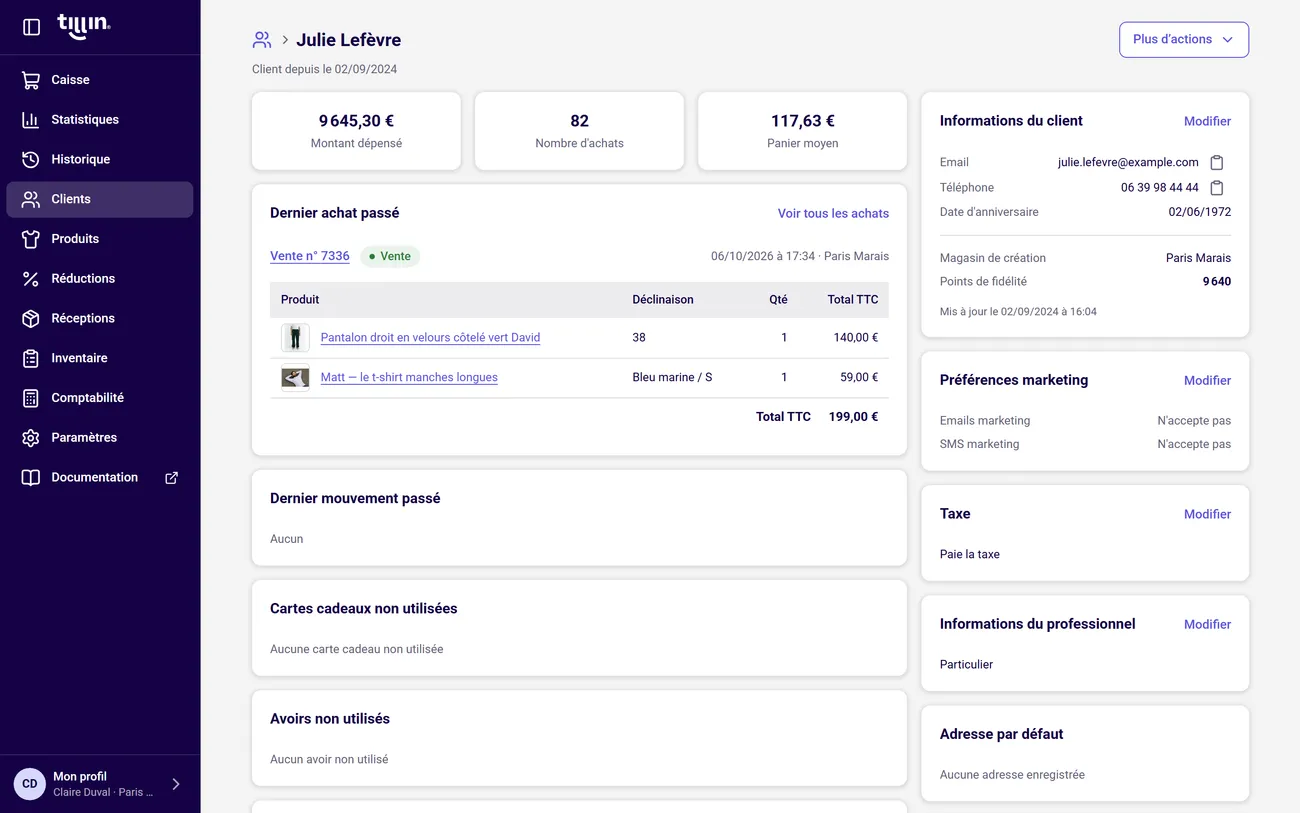 Fiche client Tillin avec sa fidélité.