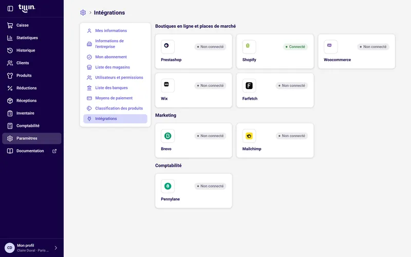 Paramètres d'intégration Tillin : connecteur Shopify.