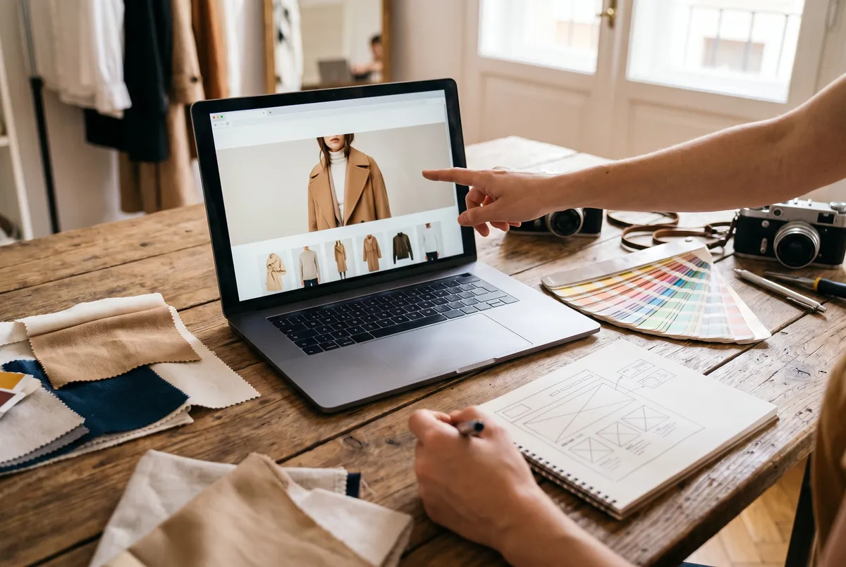 Un ordinateur portable affiche la page d'accueil d'une boutique en ligne, entouré d'échantillons de tissus et d'un carnet de maquettes.
