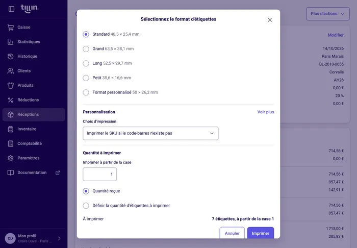 Impression des étiquettes depuis une réception dans Tillin : format et quantité.