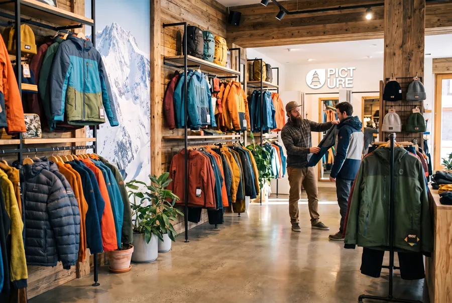 Intérieur d'un magasin de vêtements outdoor éco-responsables.
