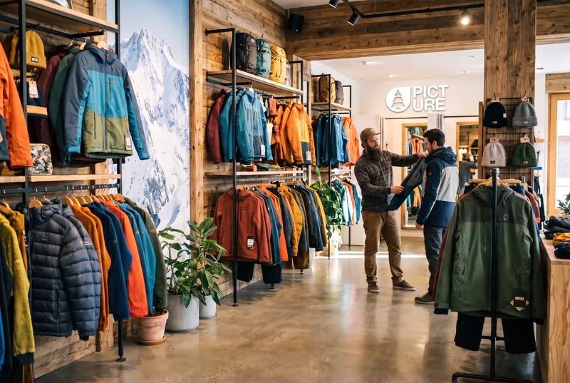 Dans un magasin de vêtements outdoor en franchise, un vendeur conseille un client entre les portants de vestes.