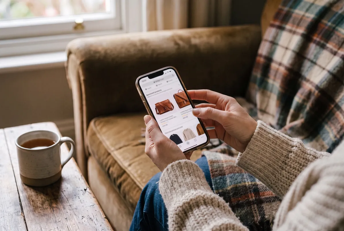 Sur son smartphone, une jeune femme fait défiler des produits mis en avant par la publicité.