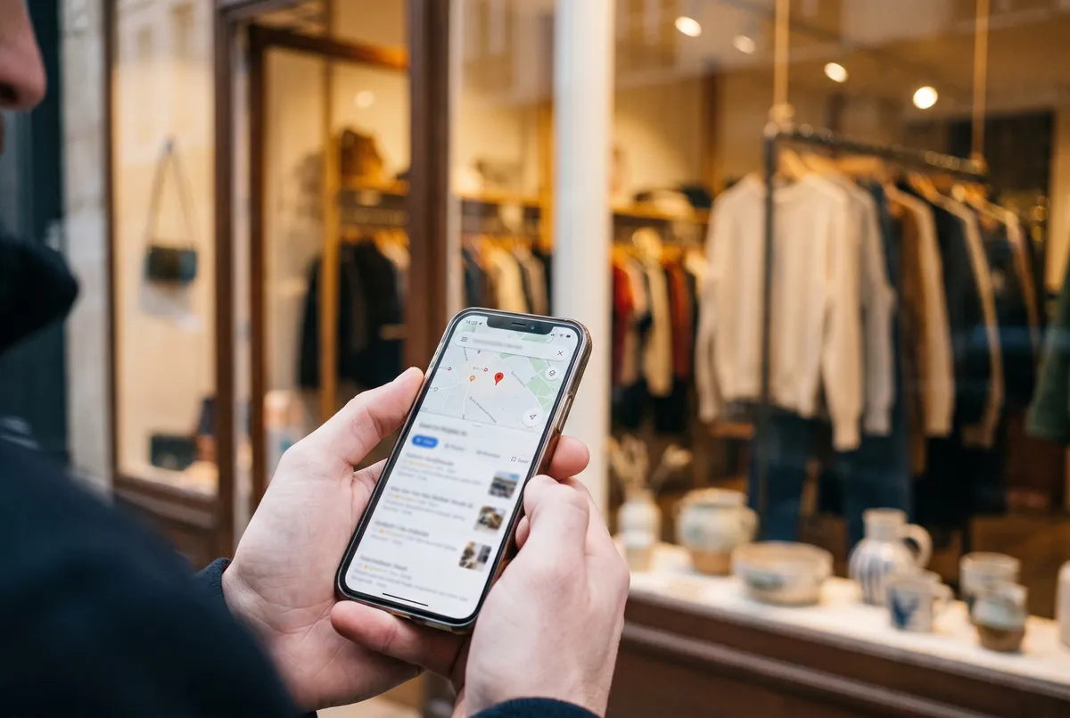 Une passante consulte sur son smartphone une carte de résultats de recherche, devant la vitrine d'une boutique.