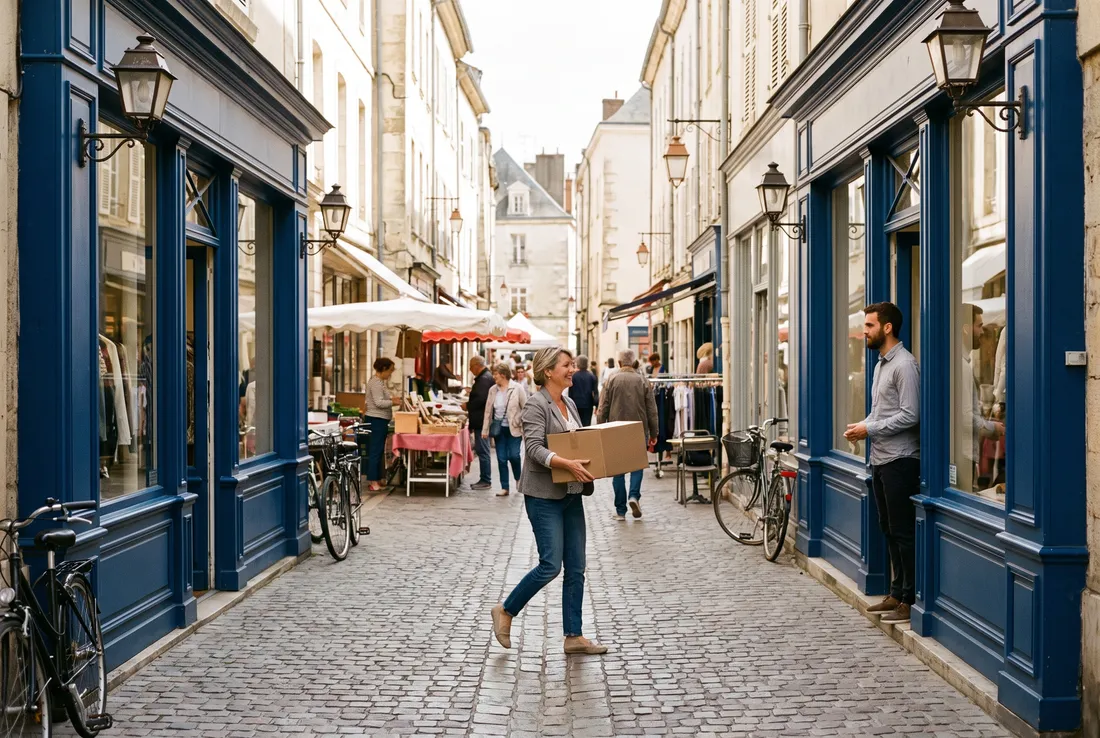 Dans une rue commerçante, une gérante porte un carton d'une boutique à l'autre de son enseigne.