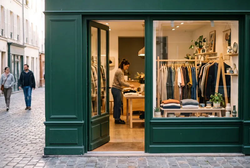 La devanture d'une boutique indépendante, porte ouverte sur ses vêtements et ses objets, la commerçante à l'intérieur.