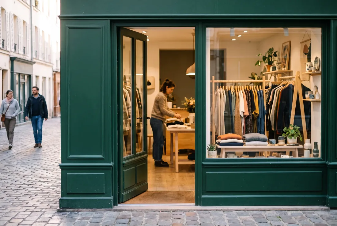 La devanture d'une boutique indépendante, porte ouverte sur ses vêtements et ses objets, la commerçante à l'intérieur.