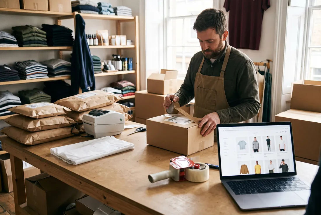 Dans la réserve d'une boutique, un commerçant étiquette des colis de commandes en ligne.
