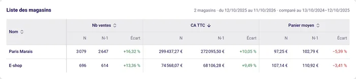 Rapport Par magasin de Tillin : nombre de ventes, chiffre d'affaires et panier moyen de la boutique et du site e-commerce, comparés à l'année précédente.